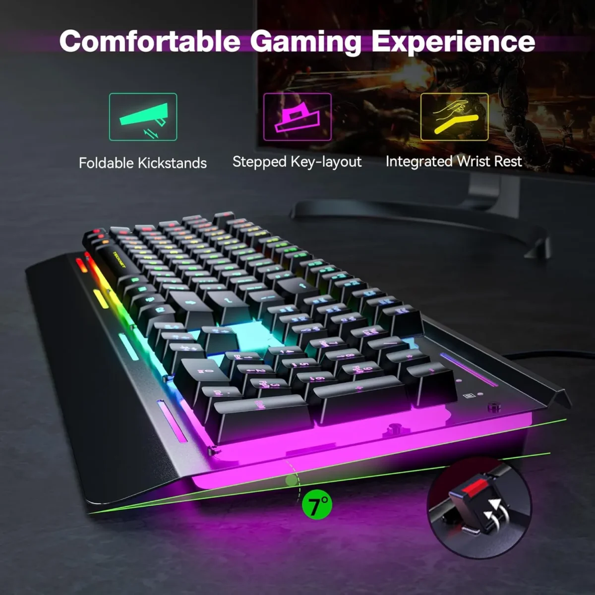 Gaming Keyboard, USB Wired Computer Keyboard, 15-Zone RGB Illumination, IP32 Water Resistance, 25 Anti-ghosting Keys, All-Metal Panel (Whisper Quiet Gaming Switch) - Image 6