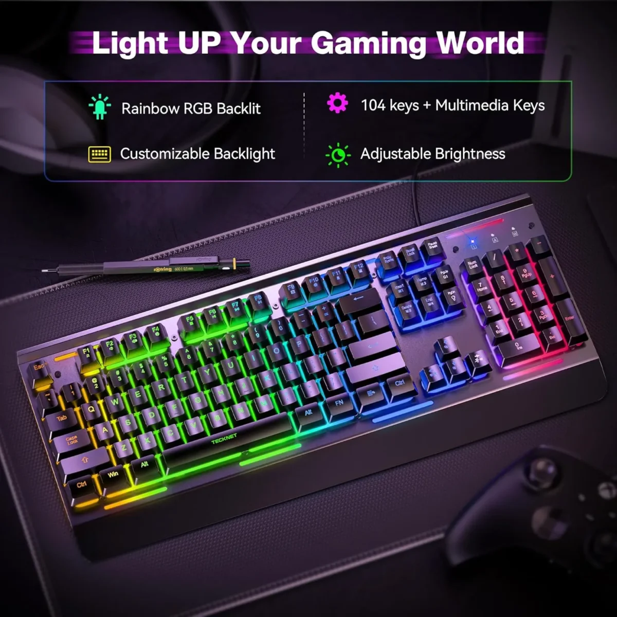 Gaming Keyboard, USB Wired Computer Keyboard, 15-Zone RGB Illumination, IP32 Water Resistance, 25 Anti-ghosting Keys, All-Metal Panel (Whisper Quiet Gaming Switch) - Image 5