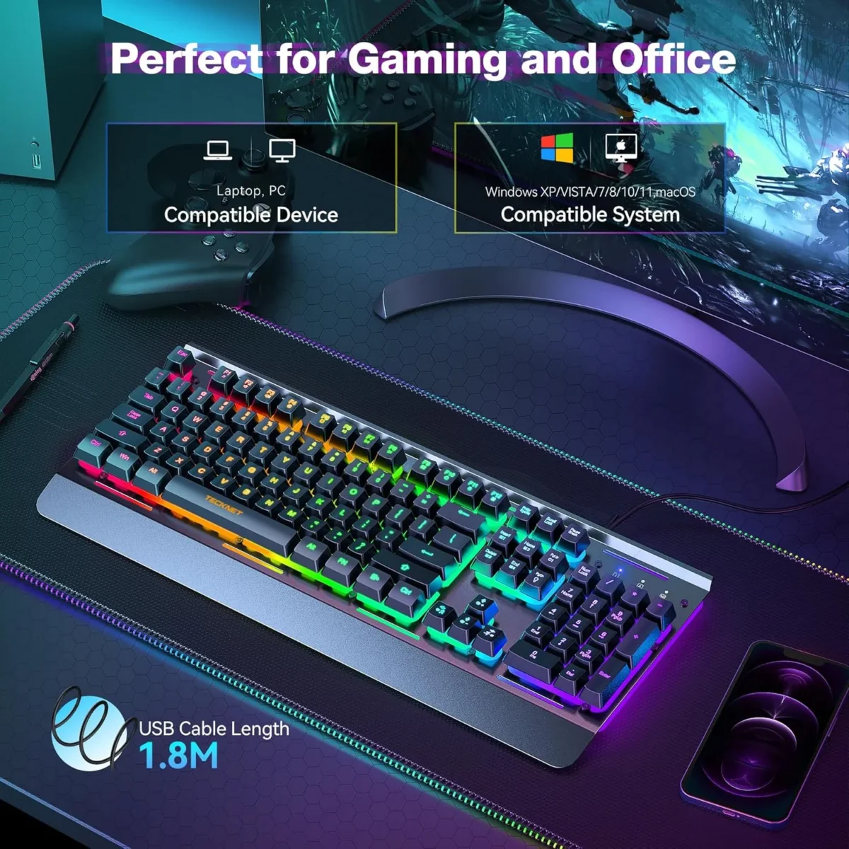 Gaming Keyboard, USB Wired Computer Keyboard, 15-Zone RGB Illumination, IP32 Water Resistance, 25 Anti-ghosting Keys, All-Metal Panel (Whisper Quiet Gaming Switch) - Image 3
