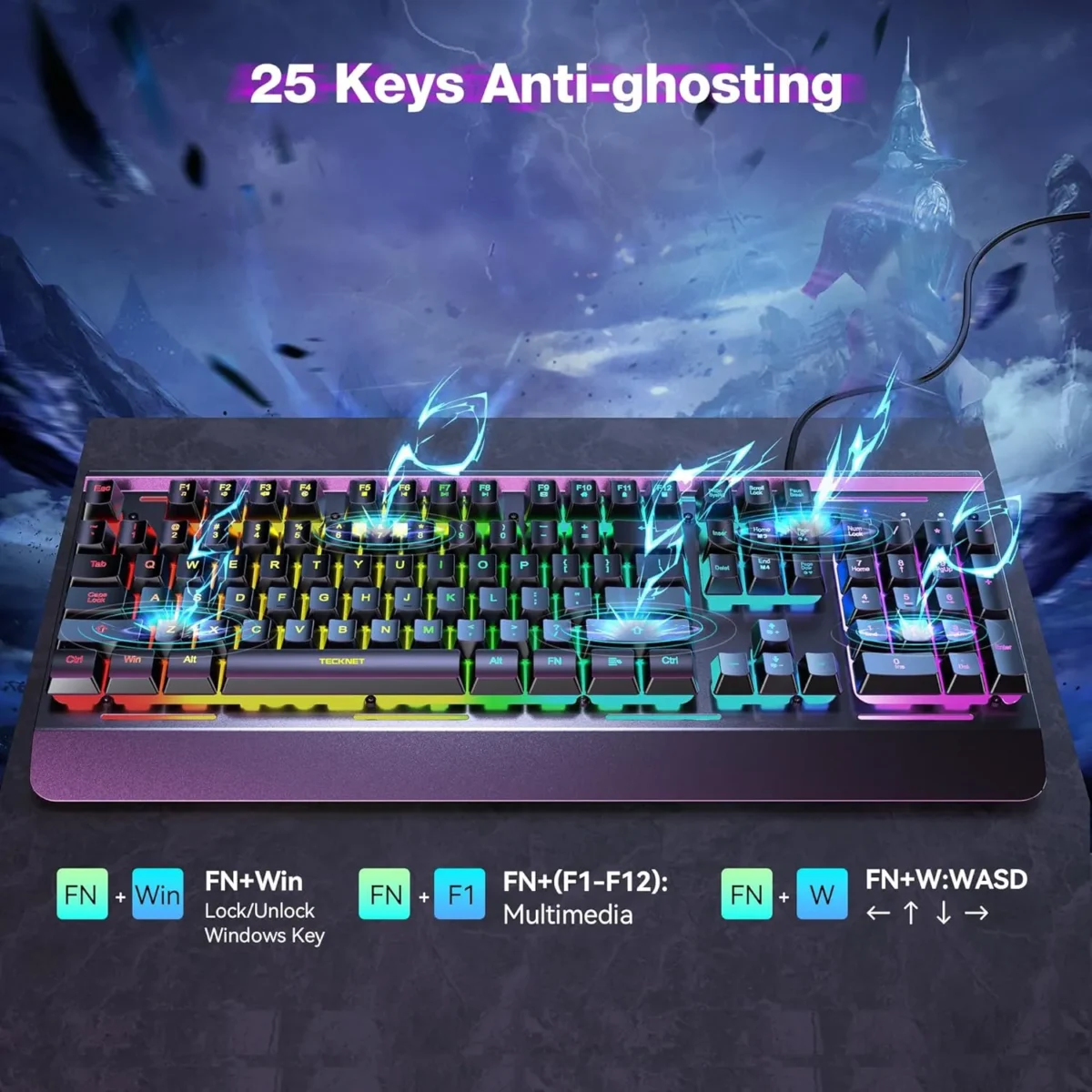 Gaming Keyboard, USB Wired Computer Keyboard, 15-Zone RGB Illumination, IP32 Water Resistance, 25 Anti-ghosting Keys, All-Metal Panel (Whisper Quiet Gaming Switch) - Image 1