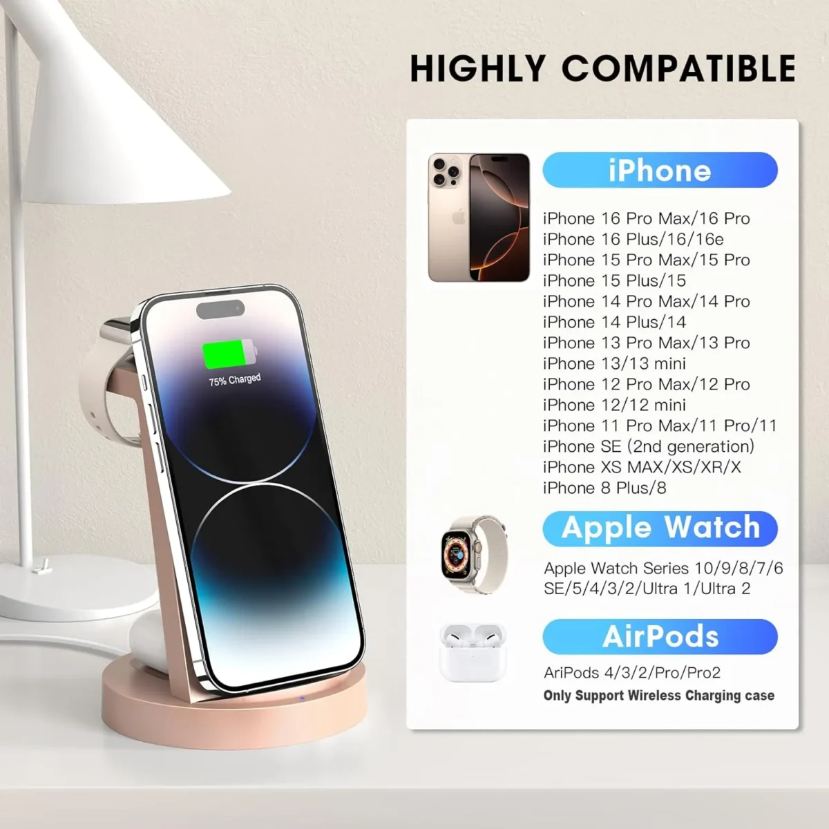 3 in 1 Charging Station for iPhone, Wireless Charger for iPhone 16e 16 15 14 13 12 11 X Pro Max & Apple Watch - Wireless Charging Station for AirPods 4 3 Pro - Image 2